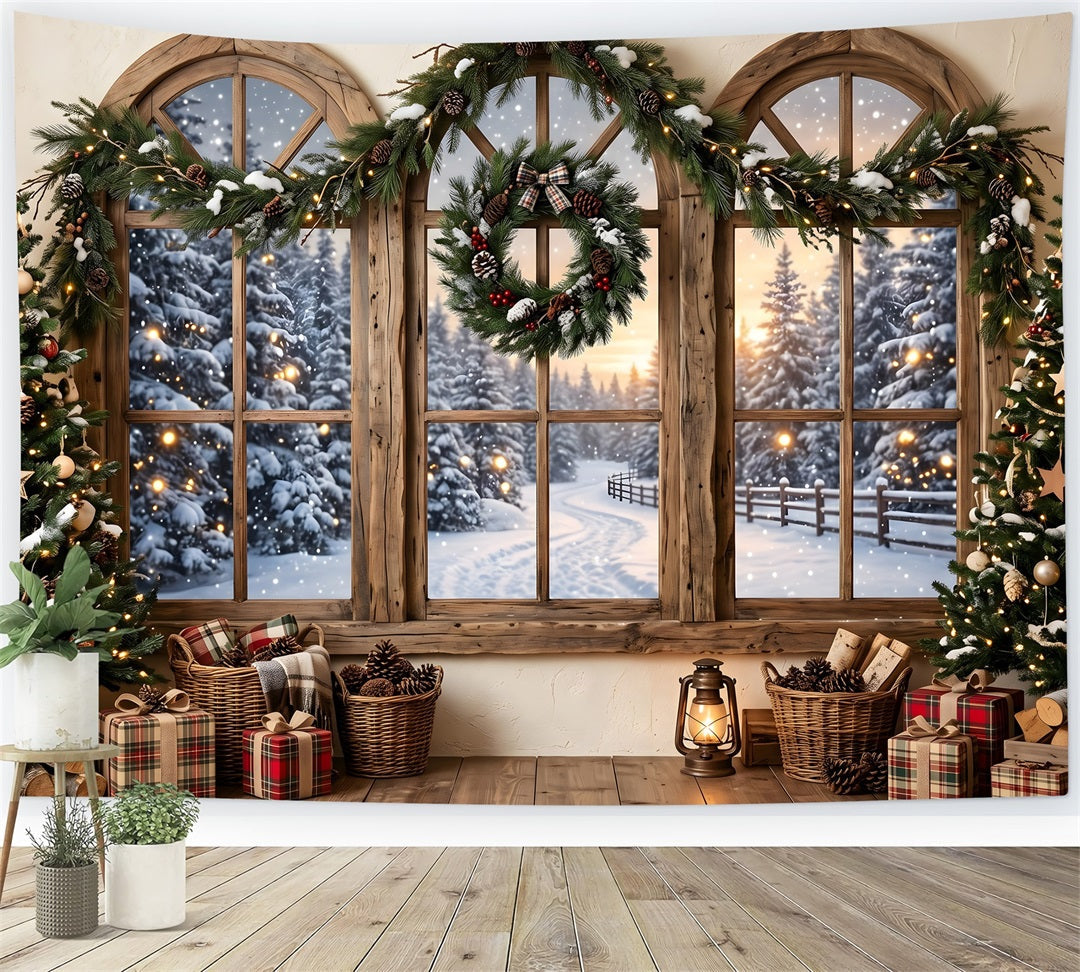 Rustic Christmas Backdrop Rustic Snowy Window Wreath Photography Christmas Backdrops UK CEM65-207