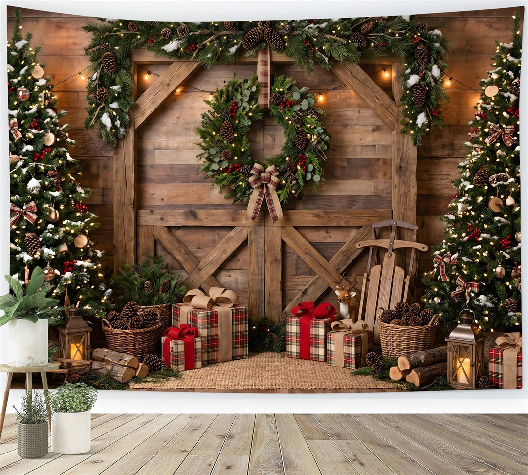 Christmas Scene Backdrops Rustic Barn Wreath Sled Christmas Photoshoot Backdrop UK CEM65-208