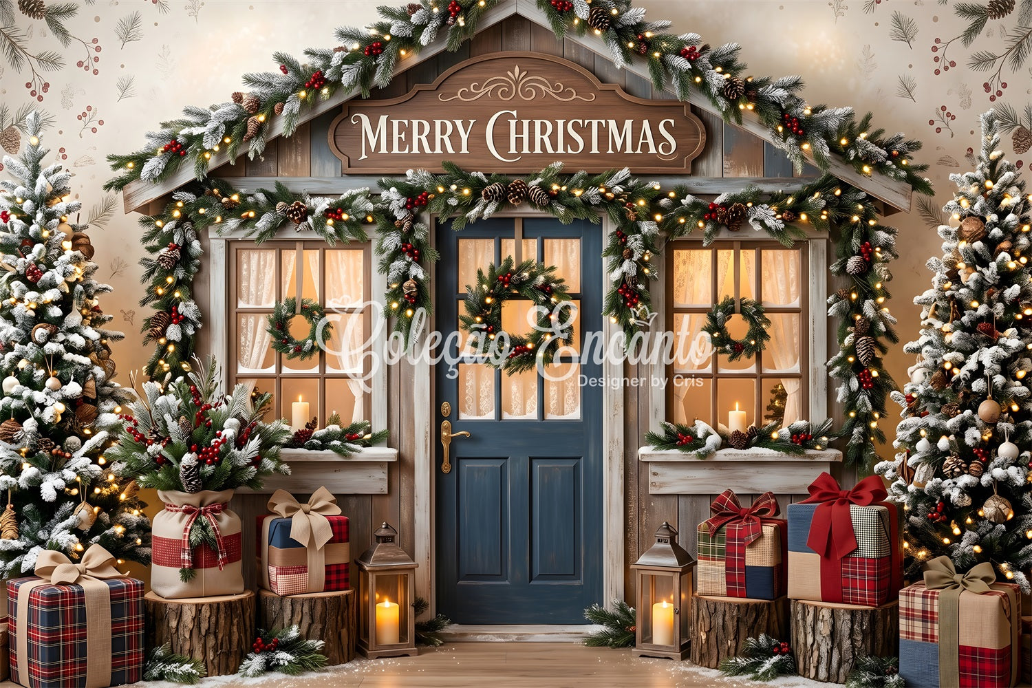 Christmas Shop Backdrop Rustic Blue Door Wreath Christmas Backdrop For Pictures UK CEM65-209
