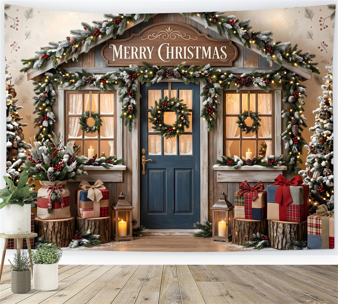 Christmas Shop Backdrop Rustic Blue Door Wreath Christmas Backdrop For Pictures UK CEM65-209