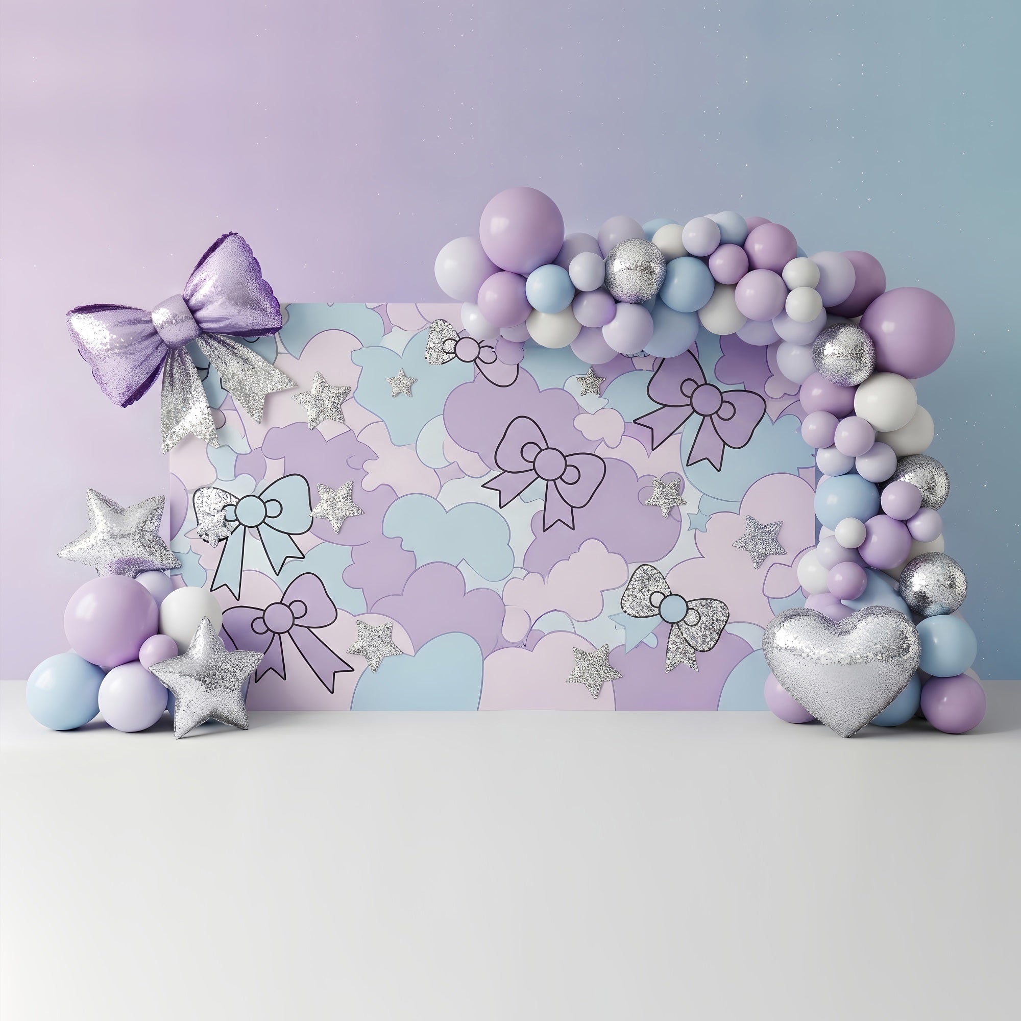 Newborn Photo Backdrops Pastel Bow Cloud Silver Stars Kids Backdrop Photoshoot UK CEM65-215