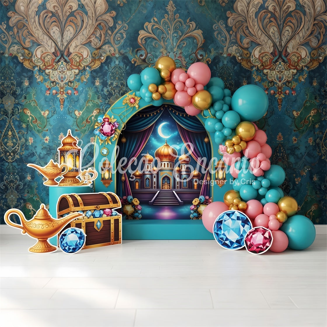 Kids Backdrop Photoshoot Arabian Palace Treasure Balloon Arch Newborn Baby Backdrops UK CEM65-38