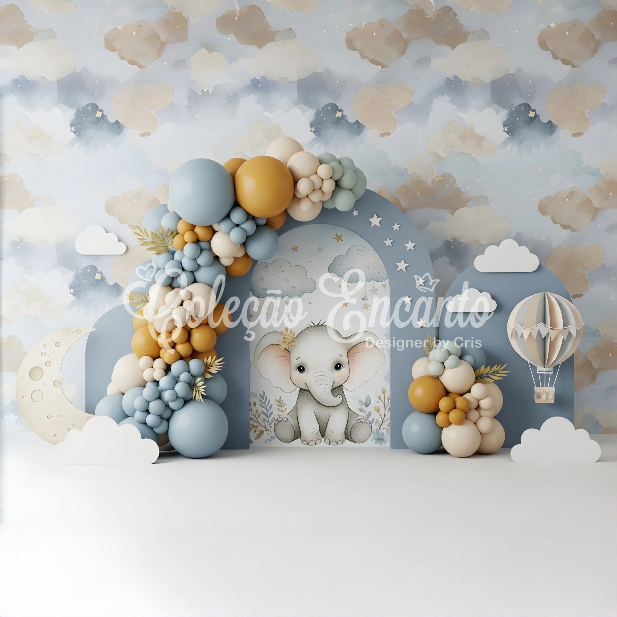 Newborn Photography Wood Backdrop Elephant Moon Cloud Balloon Arch Kid Backdrop UK CEM65-45