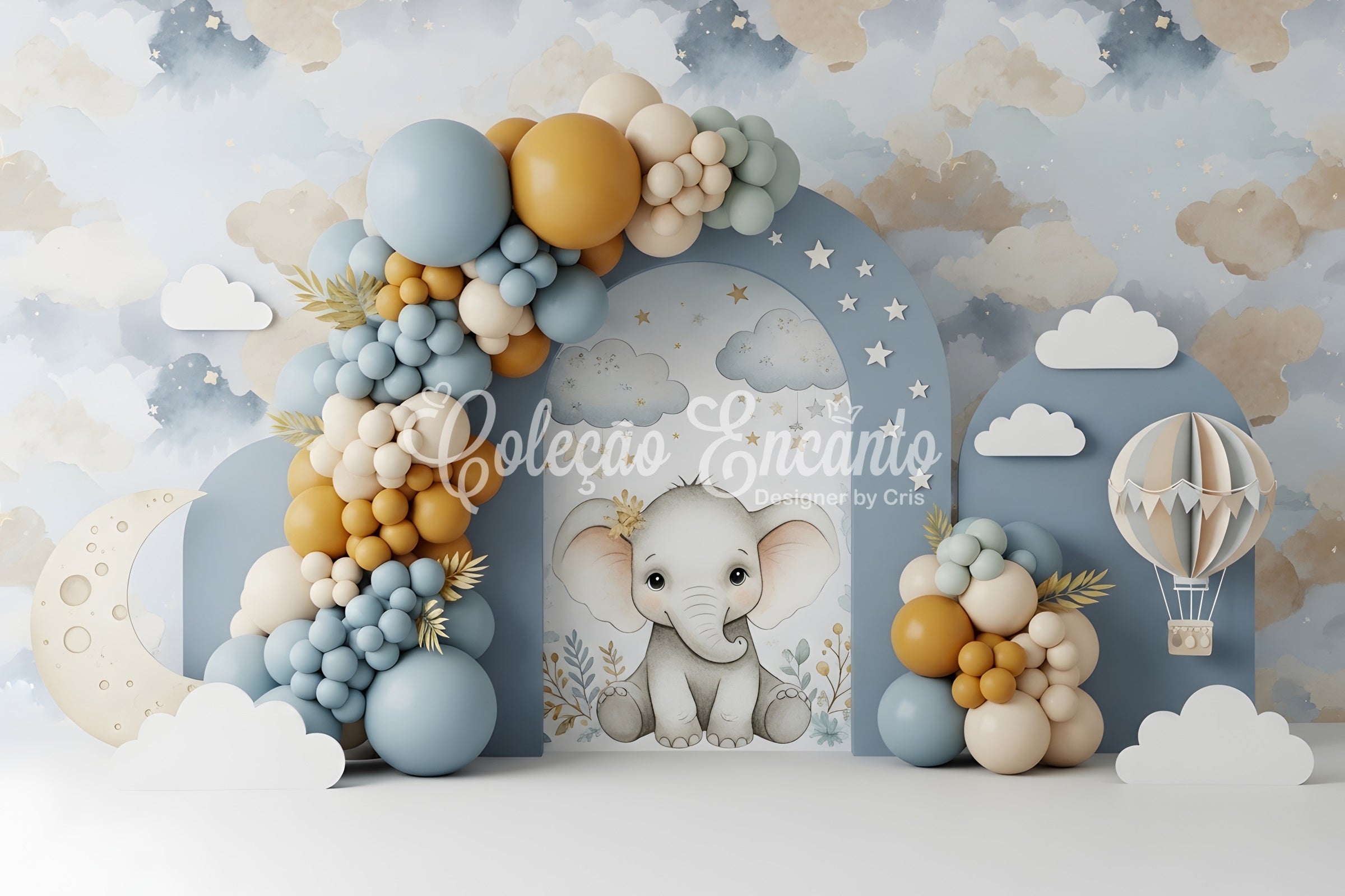 Newborn Photography Wood Backdrop Elephant Moon Cloud Balloon Arch Kid Backdrop UK CEM65-45