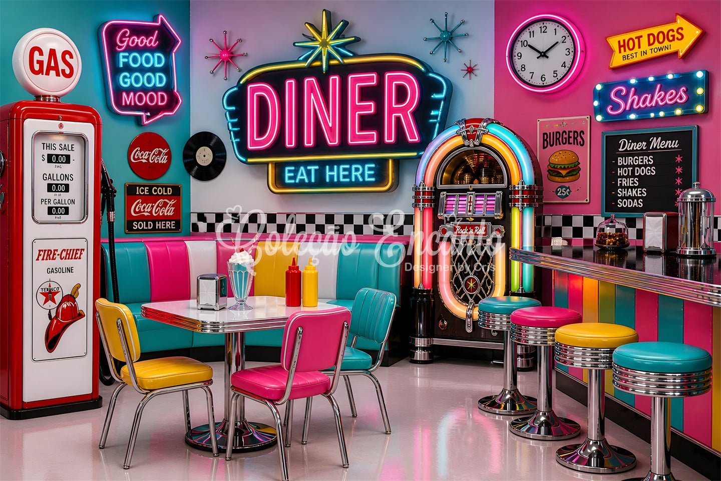 Newborn Backdrop Neon Retro Diner Jukebox Photography Backdrops for Kids UK CEM65-7