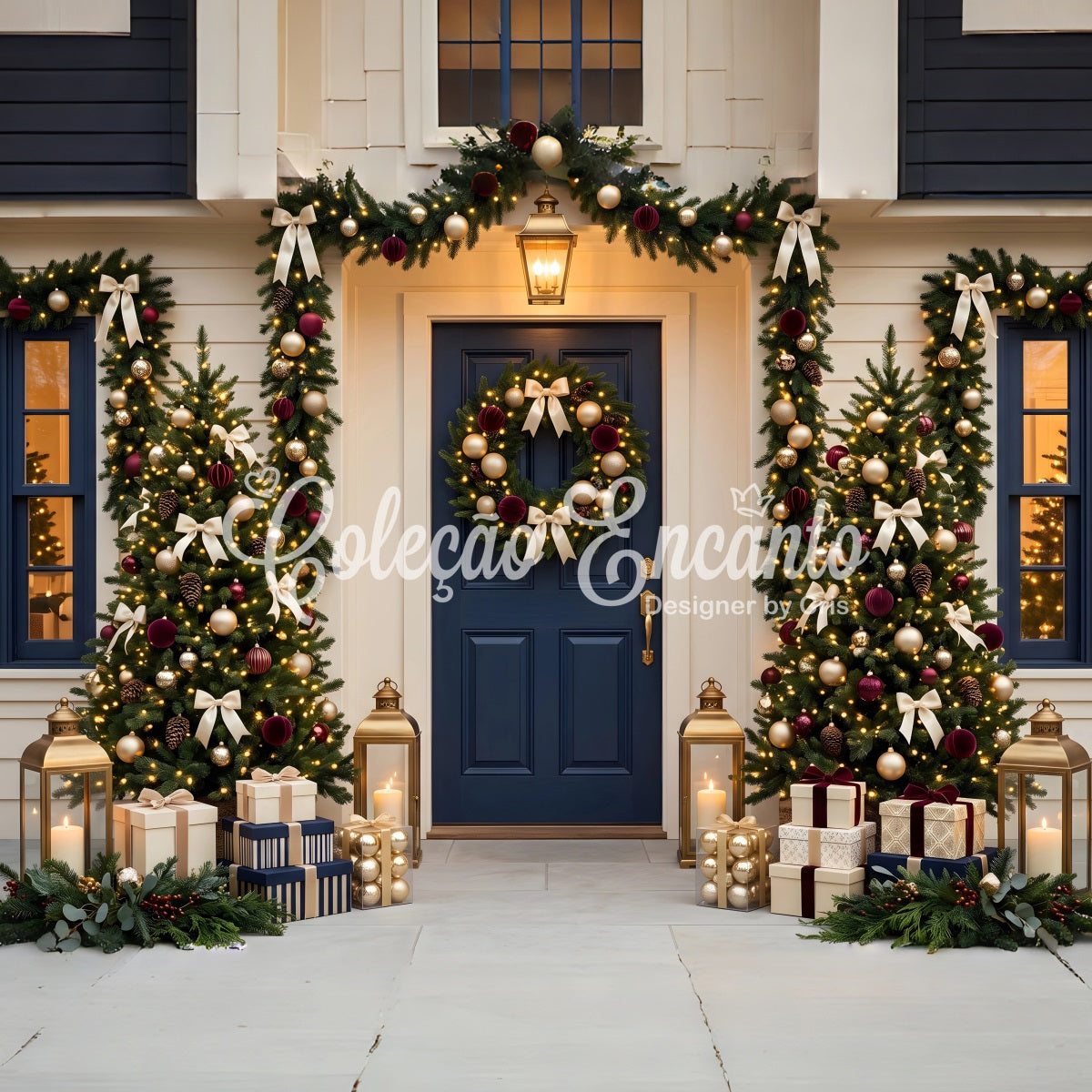 Christmas Backdrops Navy Door Garland Tree Porch Christmas Backdrop For Photography UK CEM65-70