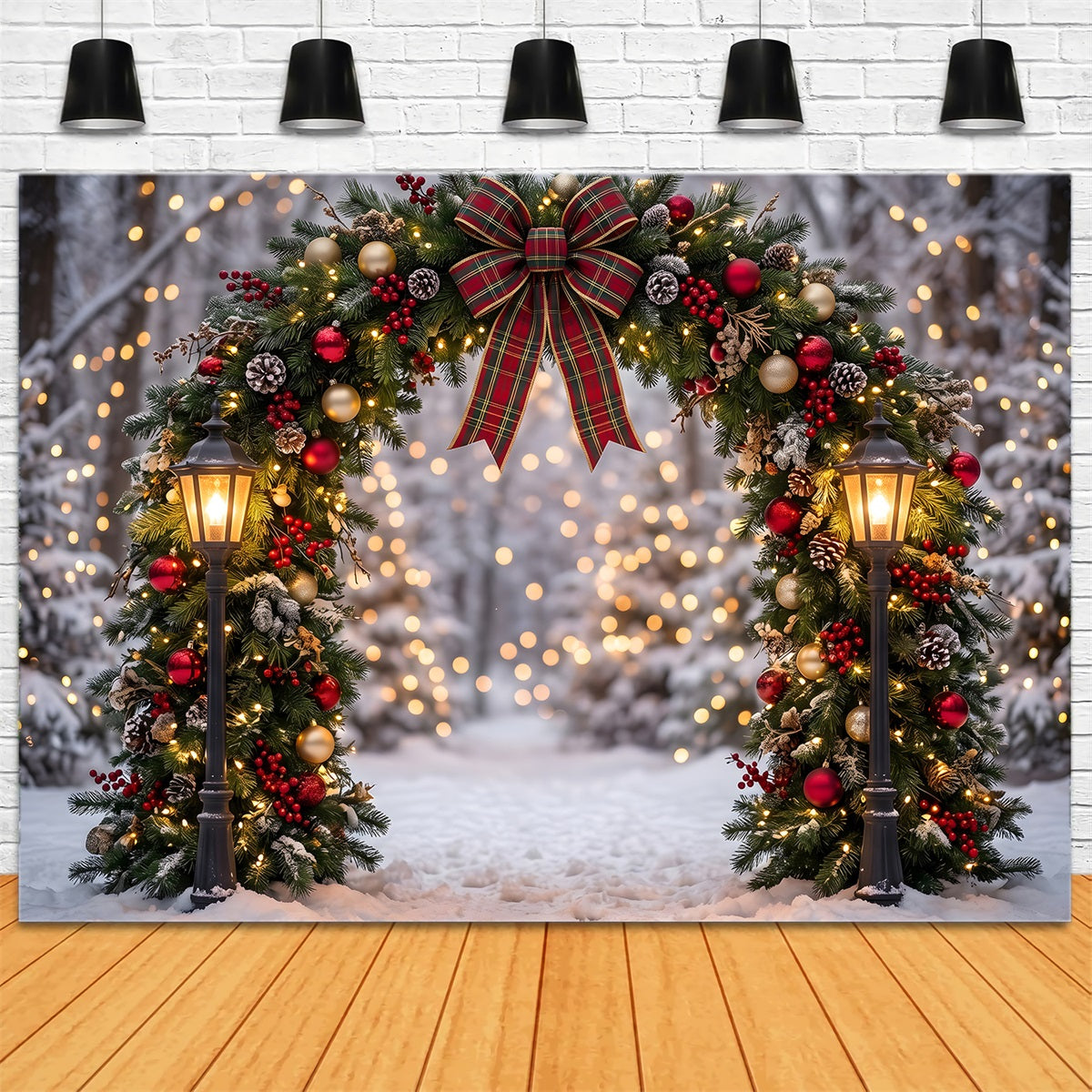 Christmas Photo Backdrop Snowy Forest Plaid Wreath Arch Photography Christmas Backdrops UK CEM65-71
