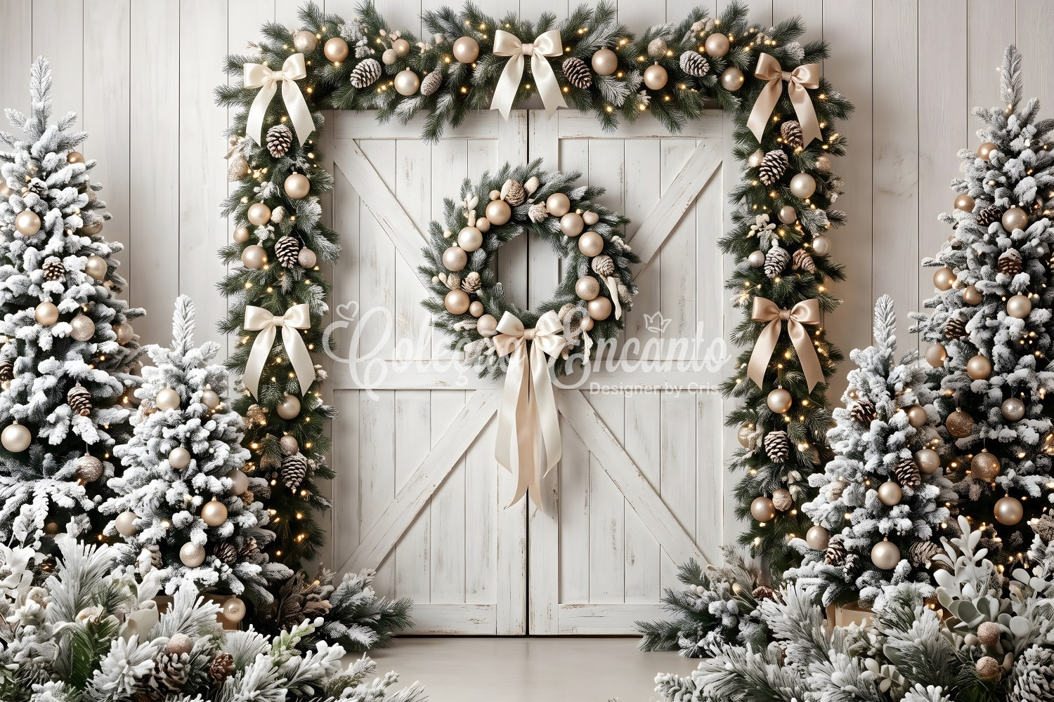 Christmas Backdrop Frosted Barn Door Evergreen Wreath Christmas Photoshoot Backdrop UK CEM65-72