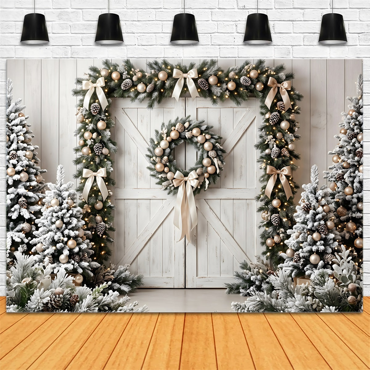 Christmas Backdrop Frosted Barn Door Evergreen Wreath Christmas Photoshoot Backdrop UK CEM65-72