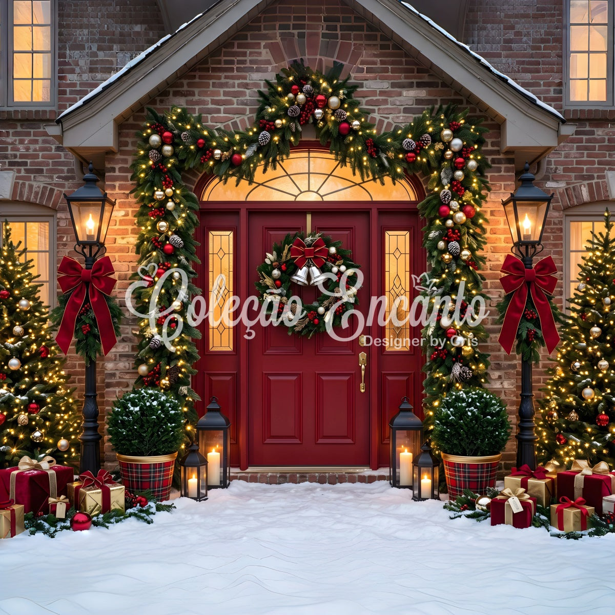 Merry Christmas Backdrop Burgundy Door Garland Lantern Porch Christmas Backdrop UK CEM65-76