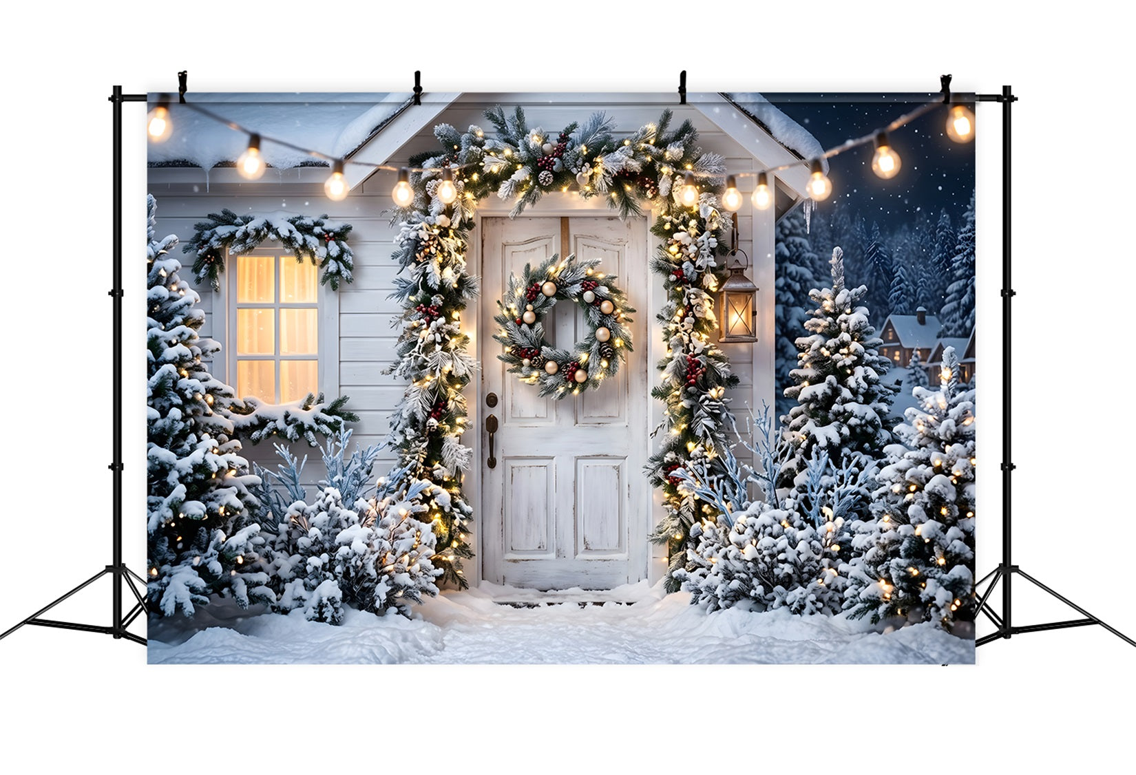 Christmas Backdrops For Photos Snowy White Porch Wreath Christmas Photobooth Backdrop UK CEM65-78