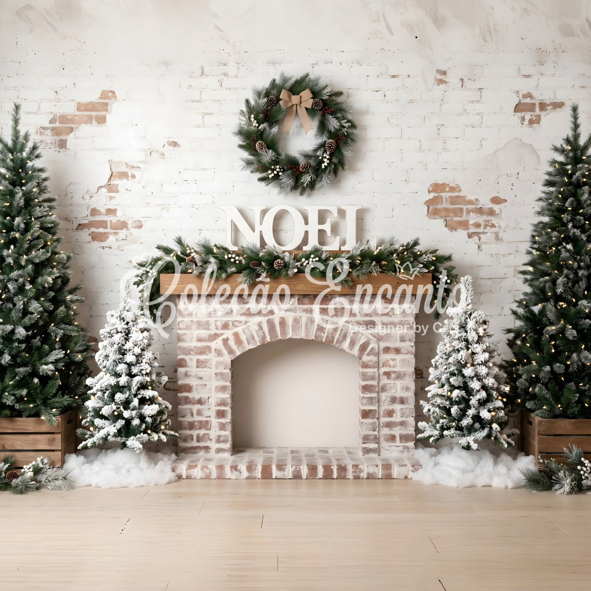 Christmas Backdrops 10x10 Frosted Brick Fireplace Noel Wreath Christmas Studio Backdrop UK CEM65-81