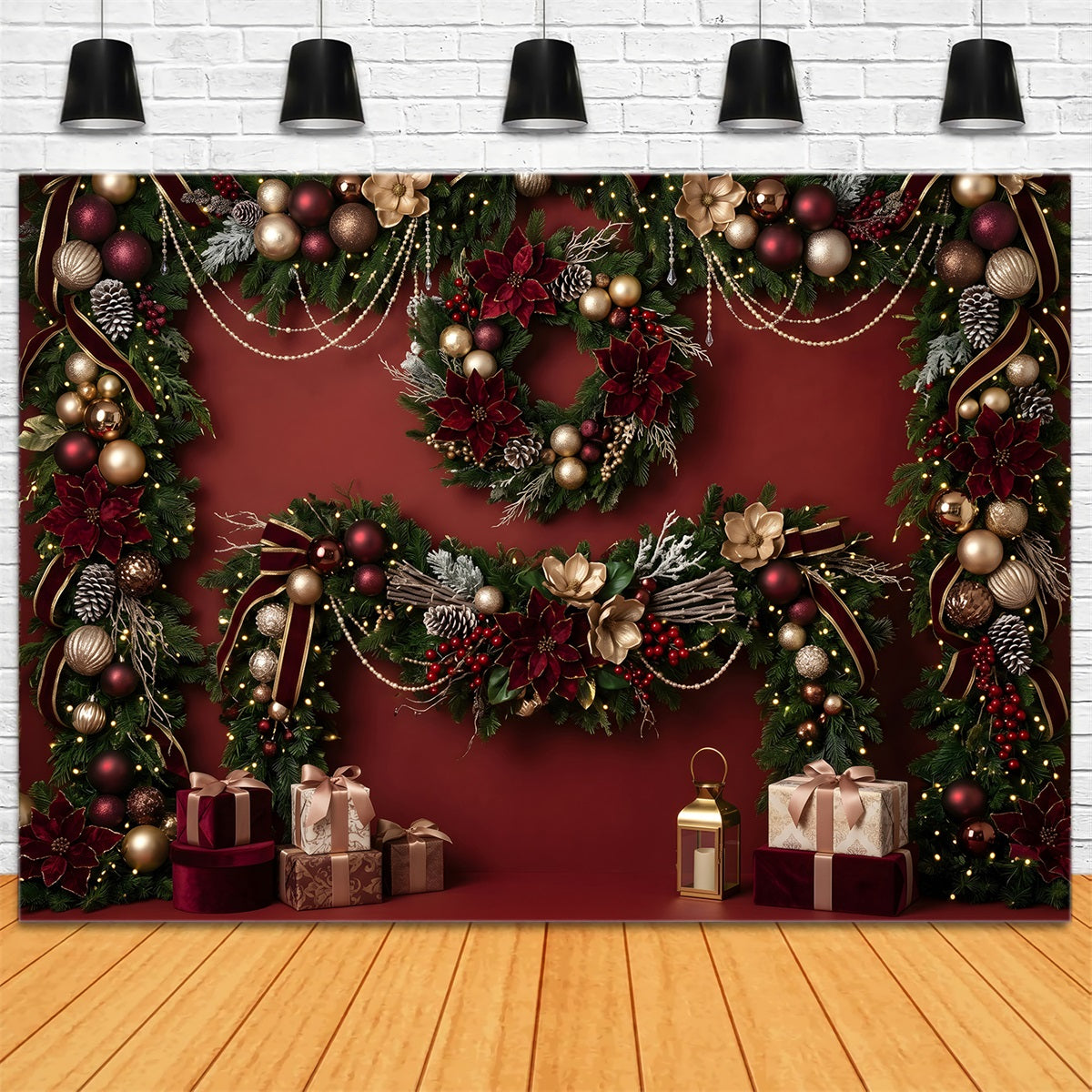 Red Christmas Backdrop Burgundy Poinsettia Garland Gift Christmas Backdrop Photoshoot UK CEM65-82