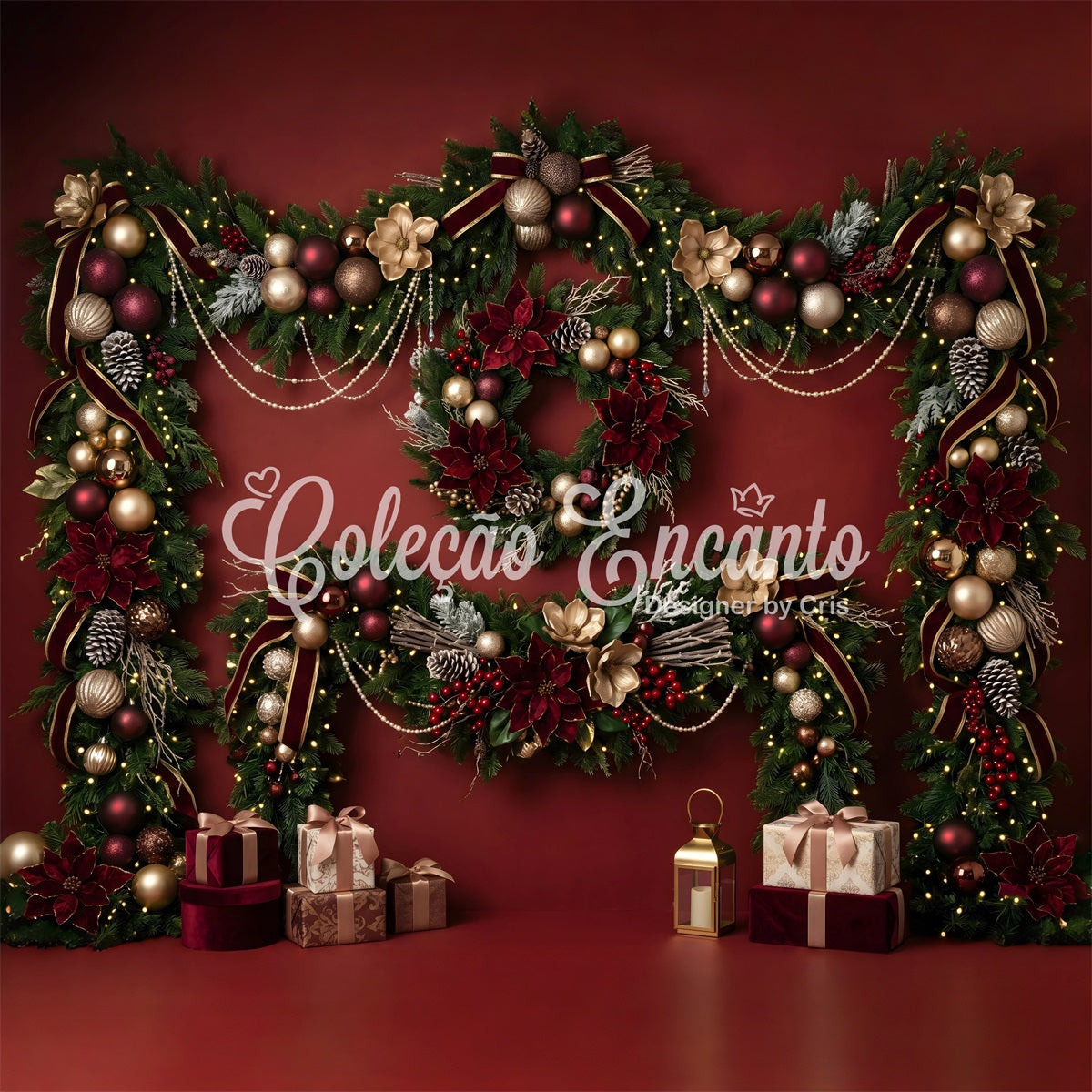 Red Christmas Backdrop Burgundy Poinsettia Garland Gift Christmas Backdrop Photoshoot UK CEM65-82