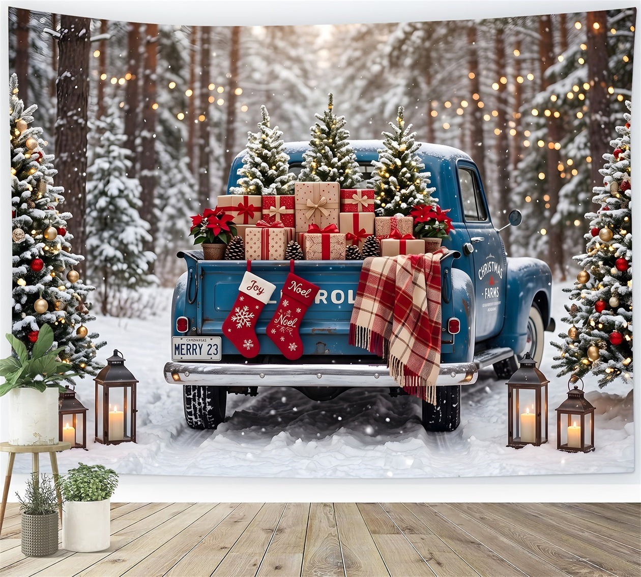 Professional Christmas Backdrops Vintage Blue Truck Snowy Forest Backdrop Christmas UK CEM65-84