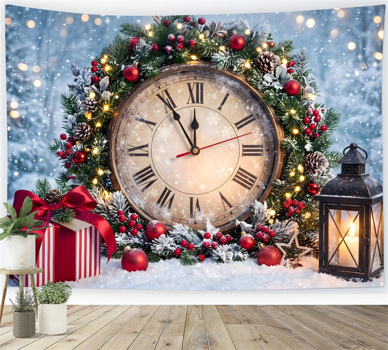 Christmas Backdrop Snowy Midnight Clock Wreath Lantern Christmas Backdrop UK CEM65-86