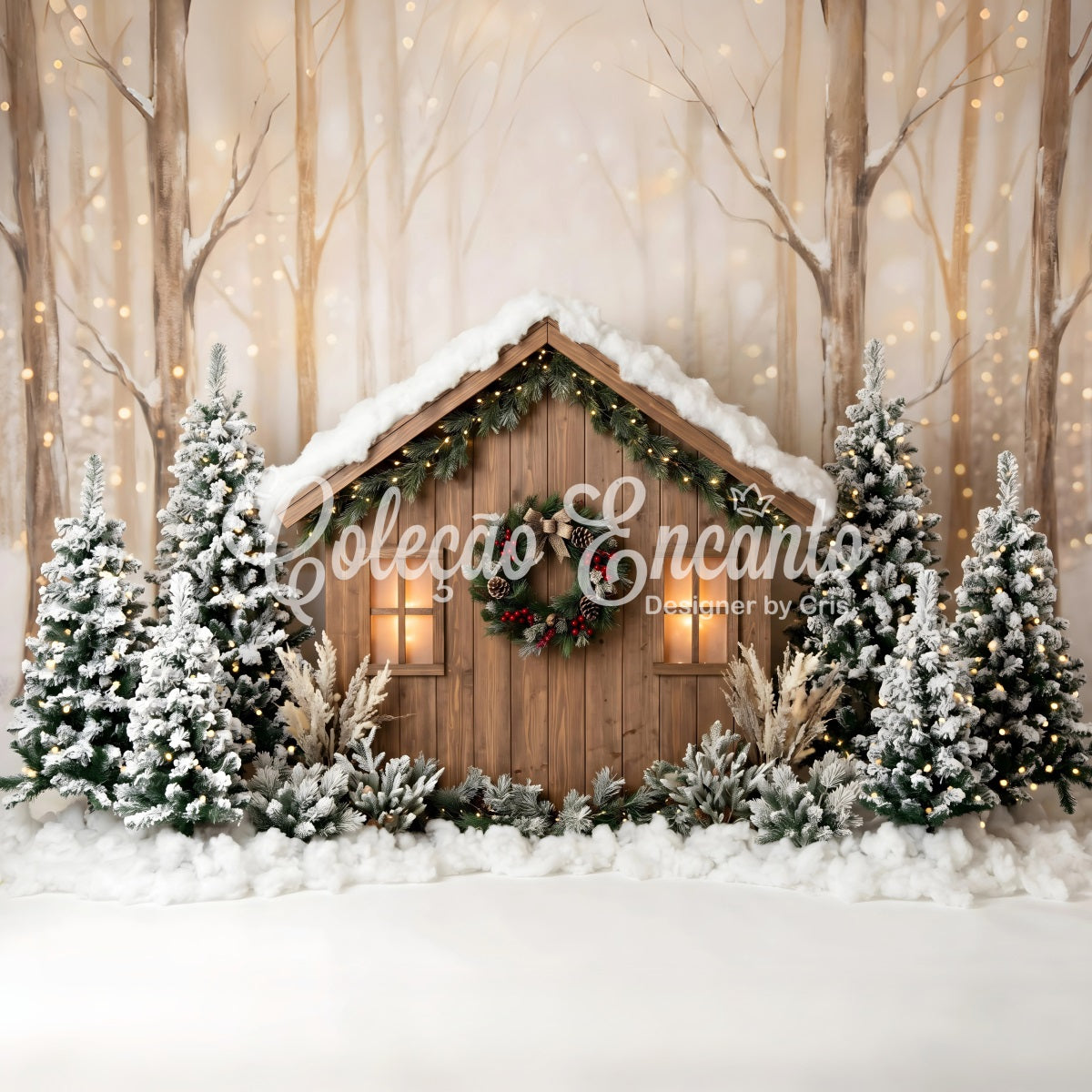 Outdoor Christmas Backdrop Snowy Woodland Cabin Pine Lights Christmas Backdrops UK CEM65-87