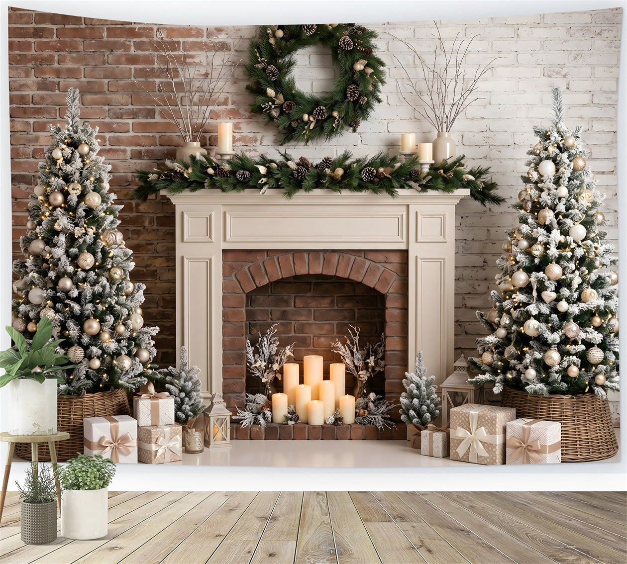 Christmas Backdrop Photography Frosted Fireplace Candle Trees Christmas Photo Backdrop UK CEM65-88
