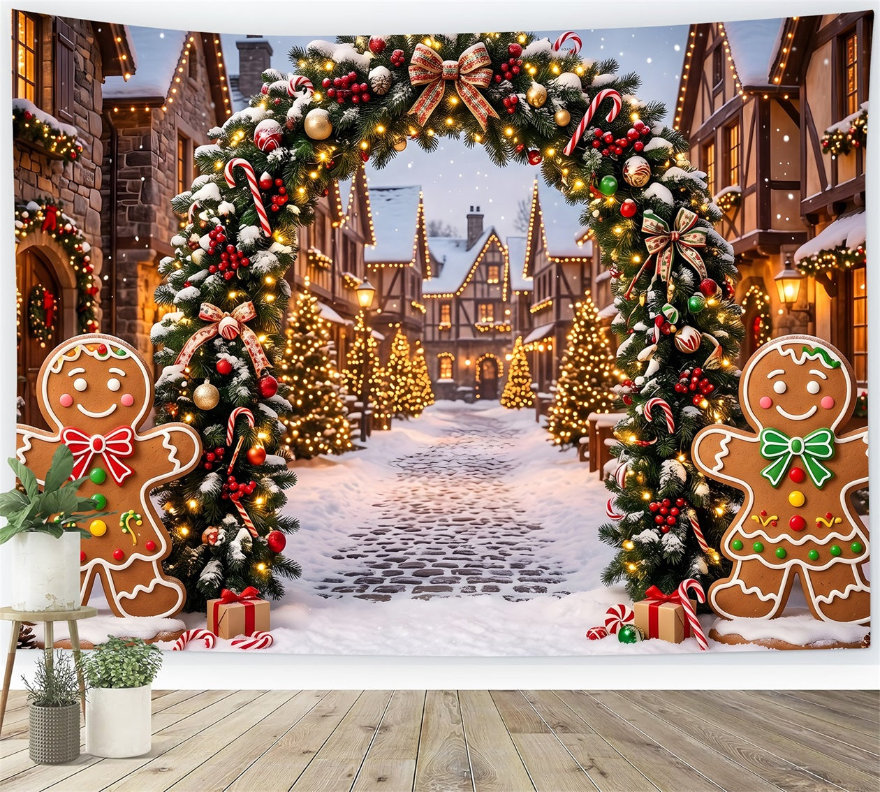 Elegant Christmas Backdrop Gingerbread Snow Village Light Arch Xmas Backdrops UK CEM65-92