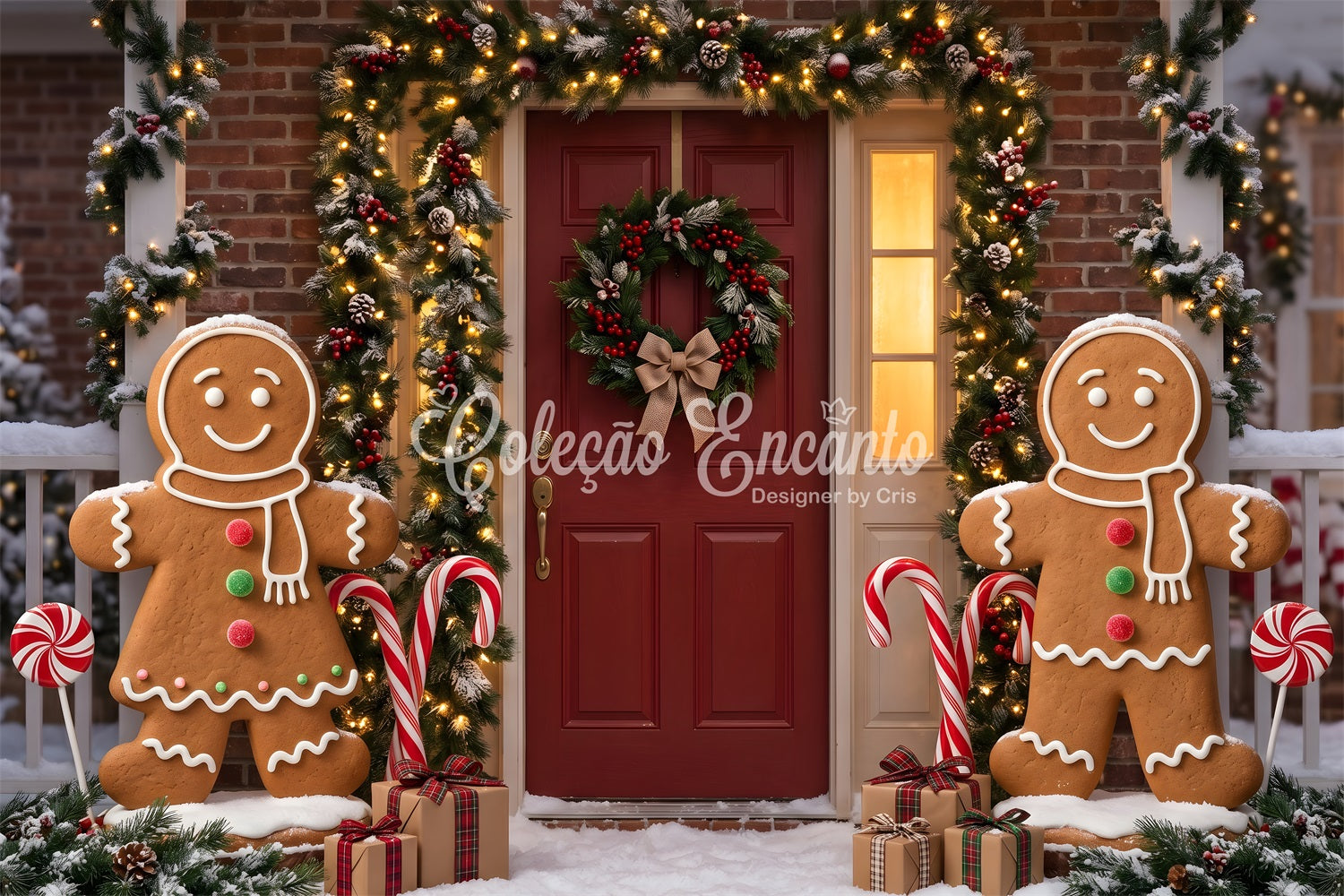 Backdrop Christmas Gingerbread Door Garland Candy Canes Christmas Photography Backdrop UK CEM65-94