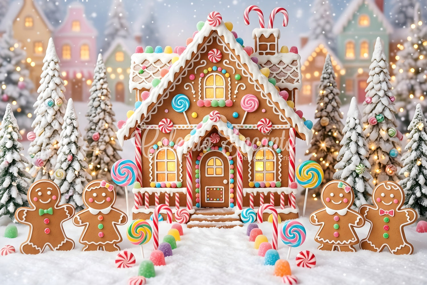 Christmas Backdrop Candy Gingerbread Village Snow Path Professional Christmas Backdrops UK CEM65-95