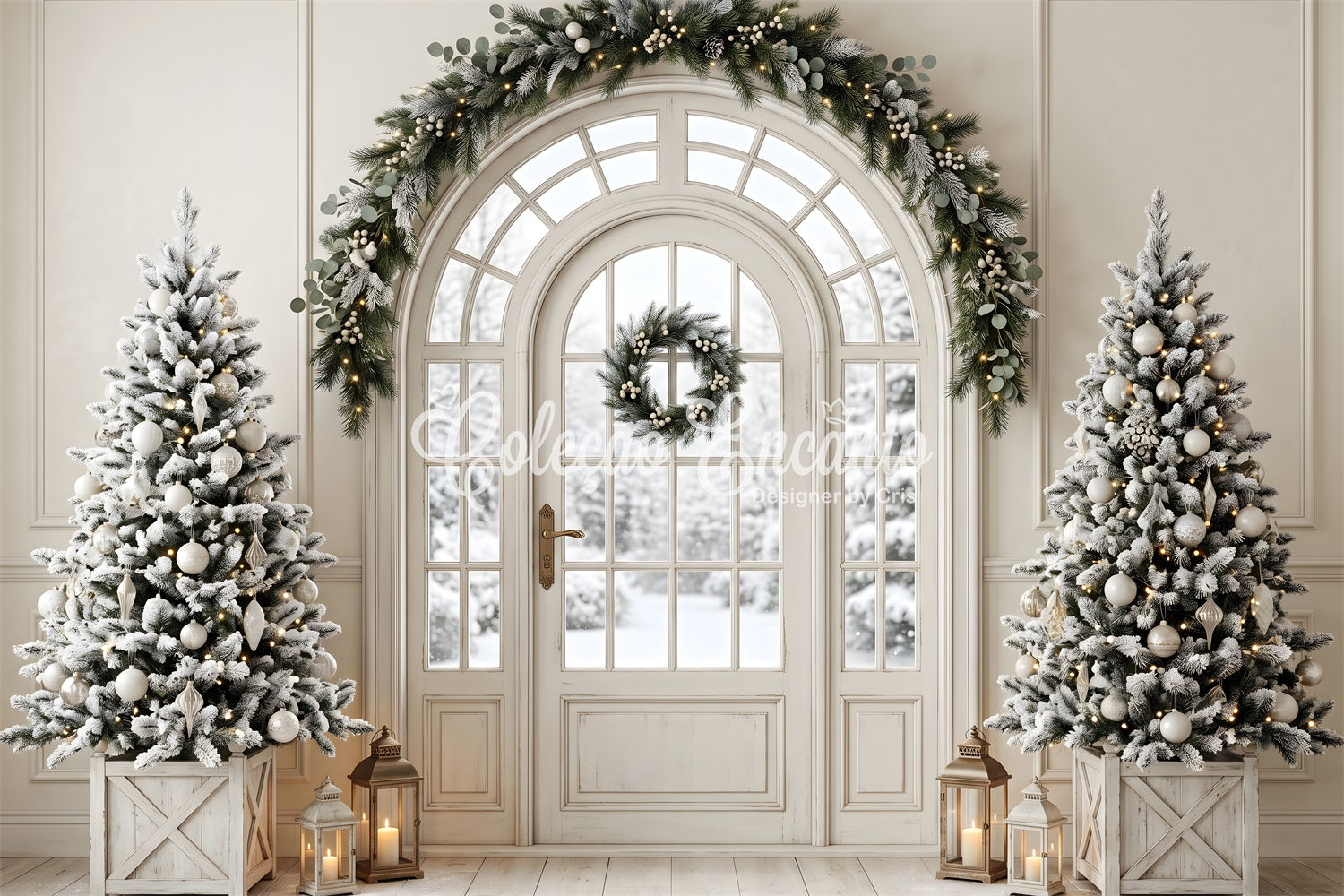 Christmas Living Room Backdrop Frosted Door Evergreen Lanterns Christmas Photo Backdrop UK CEM65-99