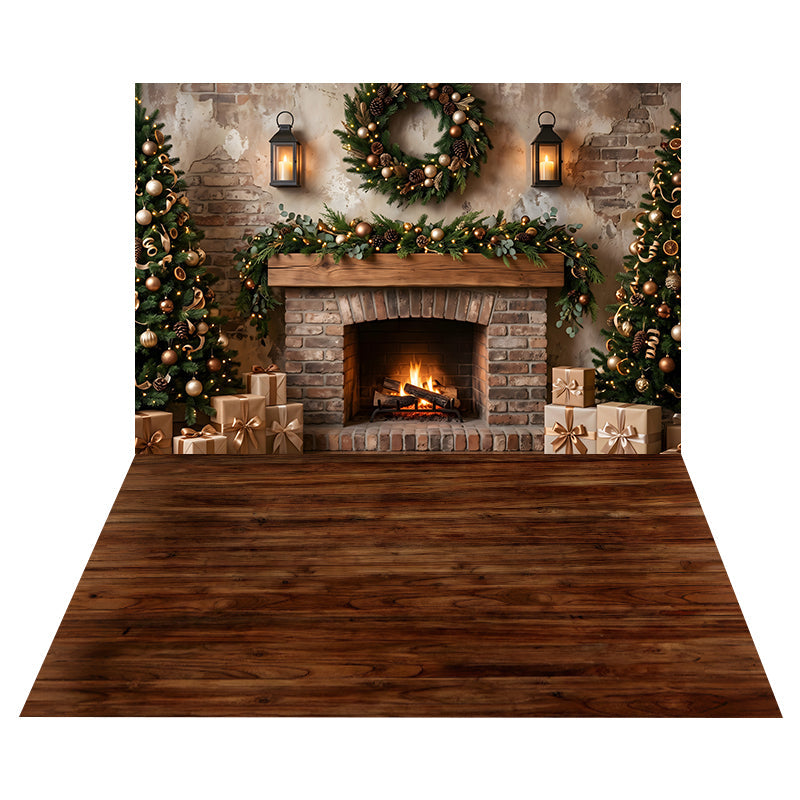 Rustic Brick Fireplace Backdrop+Dark Rustic Wood Floor Backdrop UK CEMCBS65-1