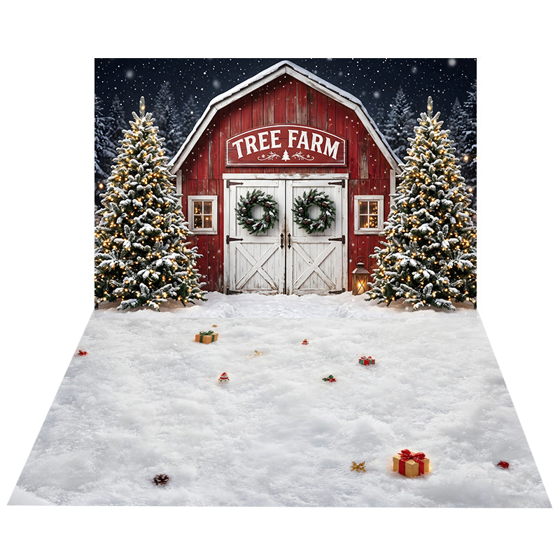 Snowy Tree Farm Barn Backdrop Dark+Rustic Wood Floor Backdrop UK CEMCBS65-21