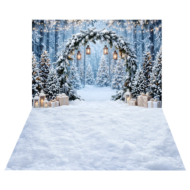 Snowy Forest Lantern Arch Backdrop+Soft White Snow Floor Backdrop UK CEMCBS65-23