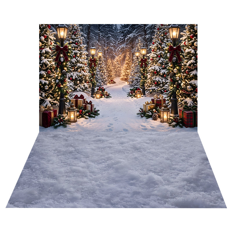 Festive Lantern Forest Path Backdrop+Cool Blue Snow Floor Backdrop UK CEMCBS65-28