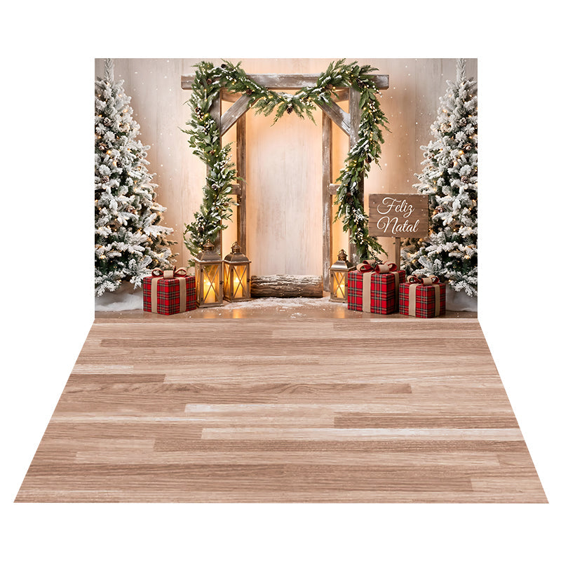 Snowy Rustic Garland Arch Backdrop+Light Oak Planks Floor Backdrop UK CEMCBS65-32