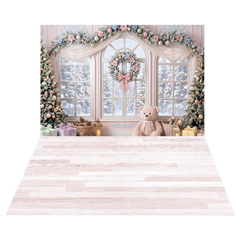 Pastel Teddy Window Scene Backdrop+Pale Blush Wood Floor Backdrop UK CEMCBS65-33
