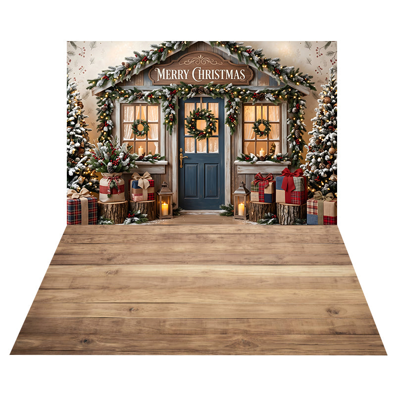 Rustic Christmas Cottage Door Backdrop+Natural Maple Wood Floor Backdrop UK CEMCBS65-37