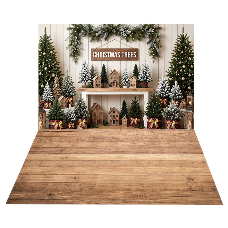 Rustic Christmas Tree Backdrop+Light Natural Wood Floor Backdrop UK CEMCBS65-5