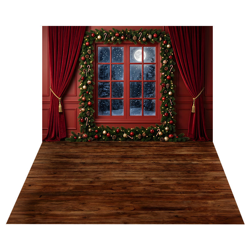 Red Garland Window Backdrop Dark+Rustic Wood Floor Backdrop UK CEMCBS65-6