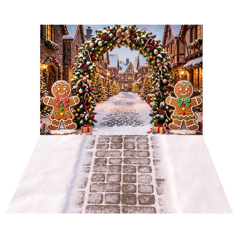 Gingerbread Village Garland Backdrop+Snowy Cobblestone Path Floor Backdrop UK CEMCBS65-9