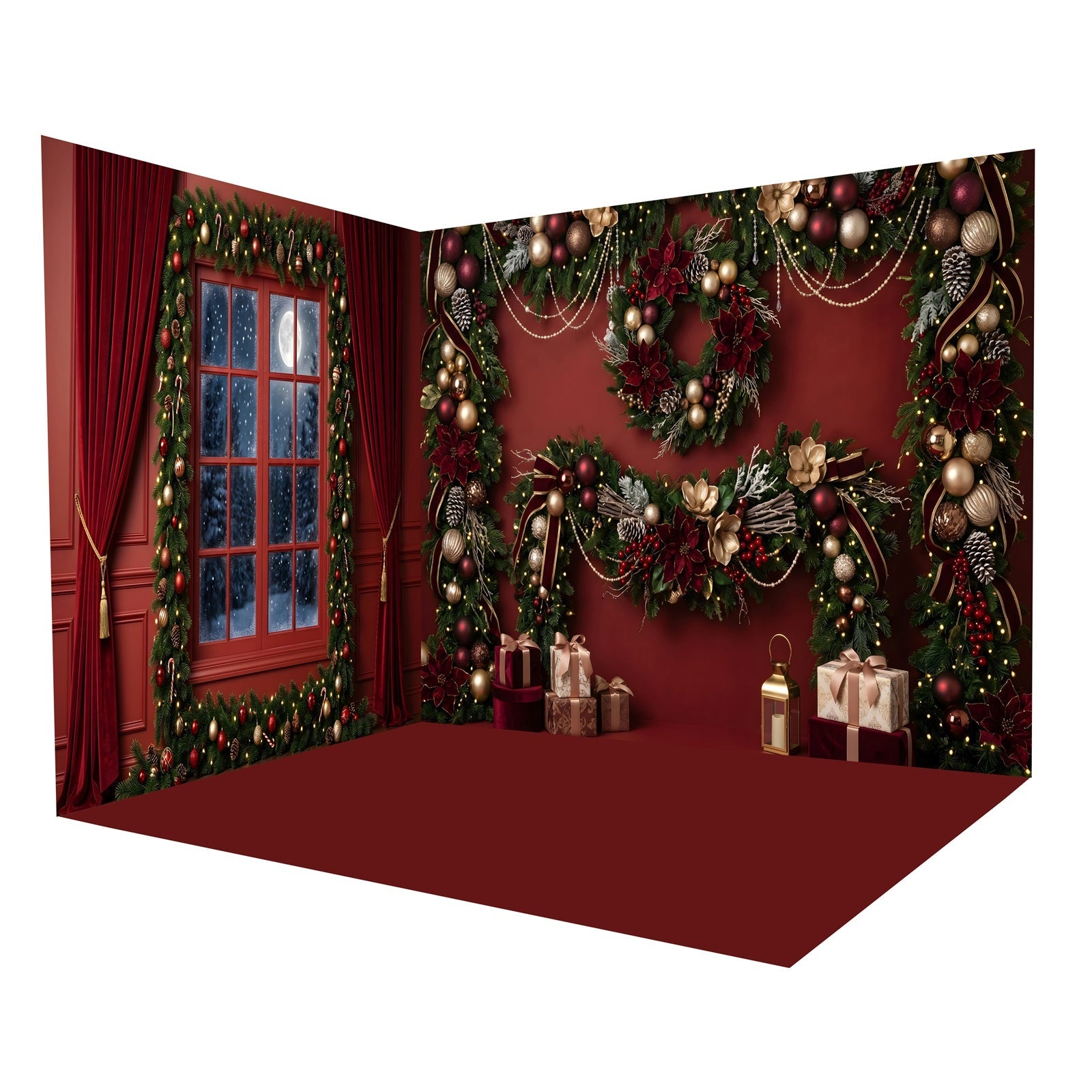Christmas Photo Backdrop Burgundy Garland Wreath Backdrop Room Set UK CEMRMS65-3