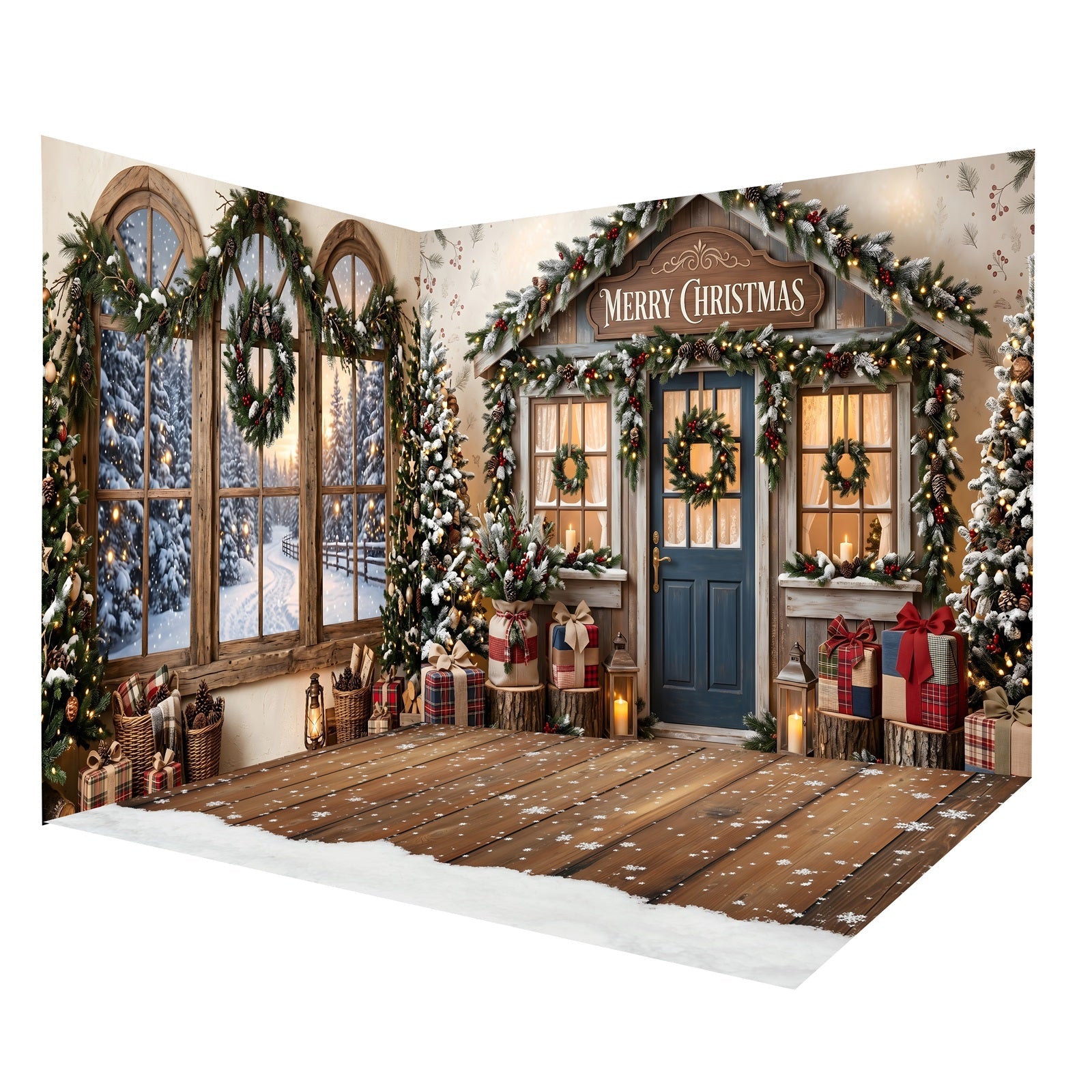 Christmas Backdrop Rustic Christmas Cottage Backdrop Room Set UK CEMRMS65-7