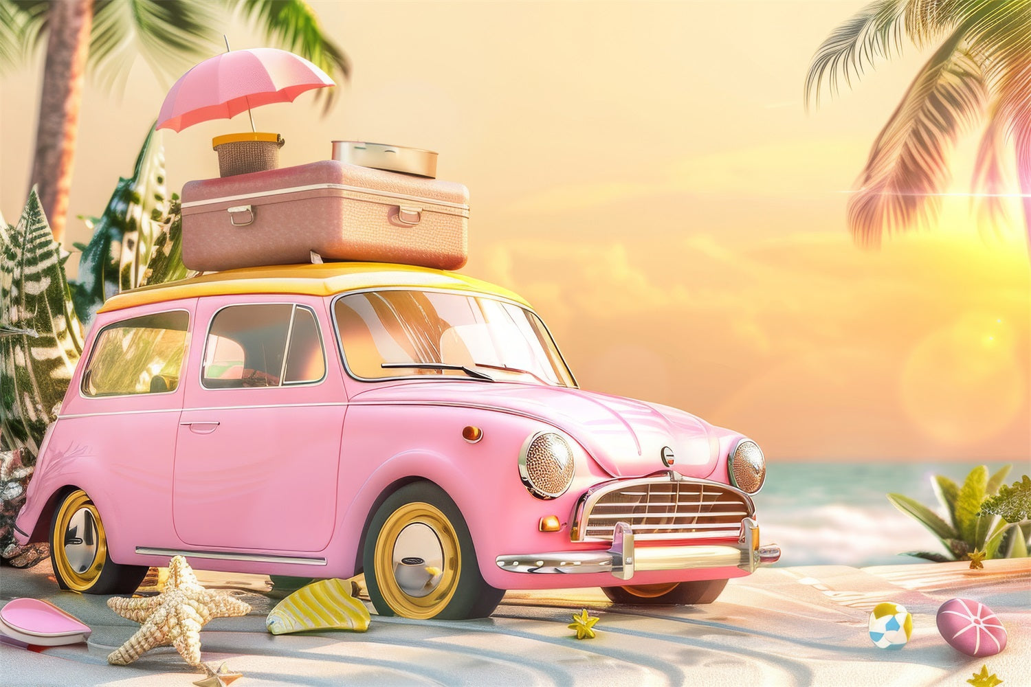 Backdrop Pink Girl Retro Car Pink Beach Backdrop UK CJJ2-102