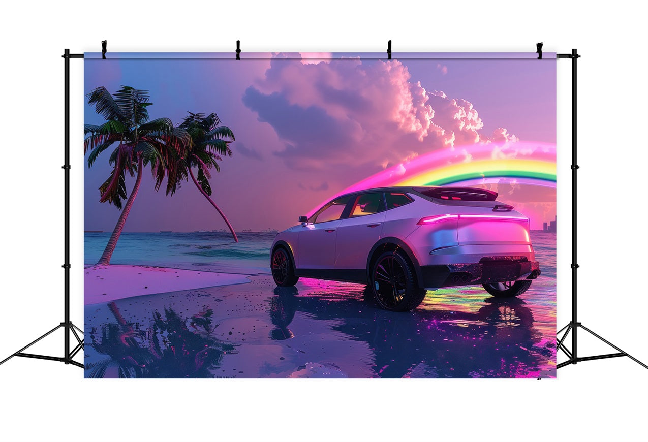 Pink Girl Movie Backdrop Tropical Neon Car Beach Backdrop UK CJJ2-106