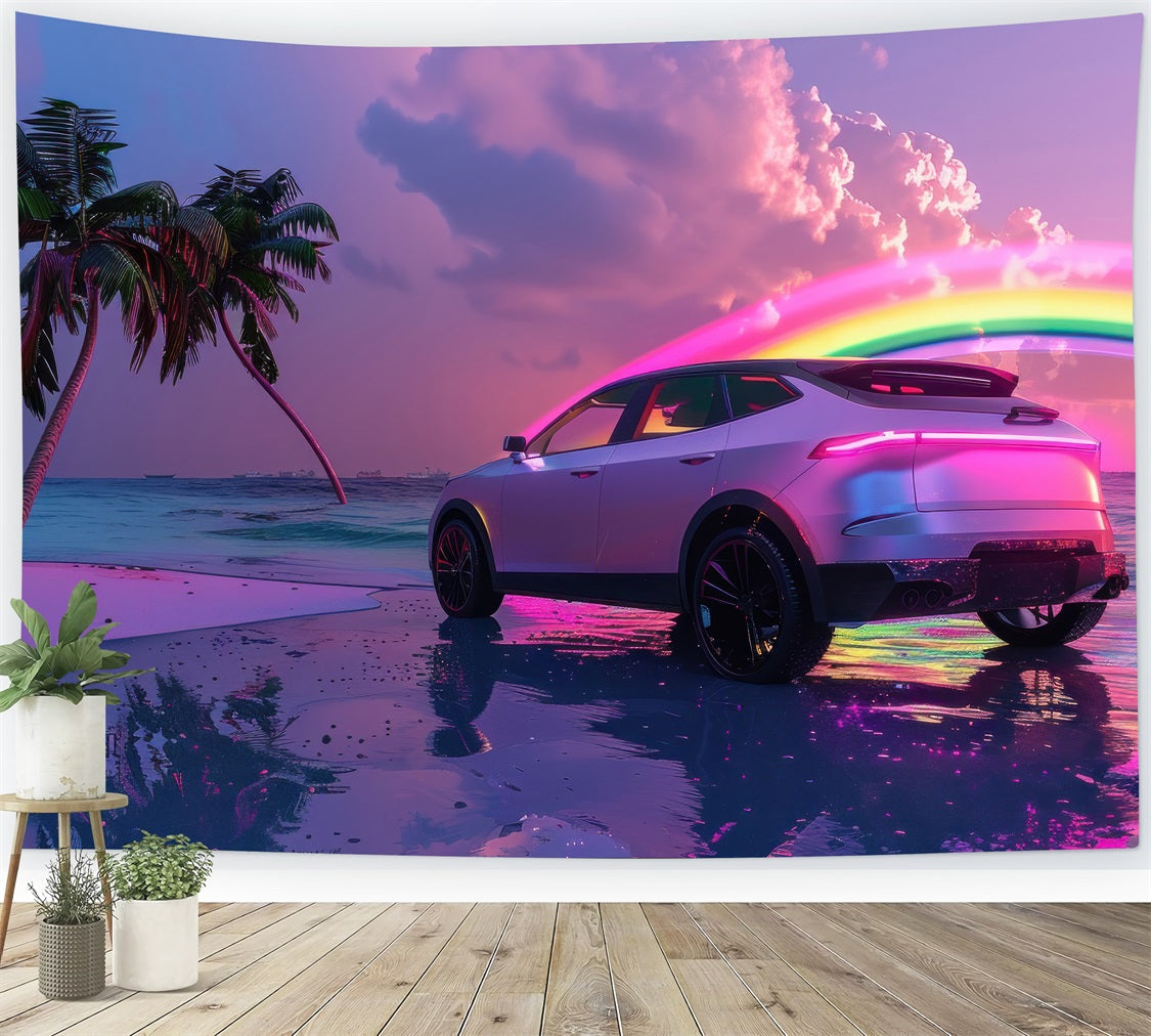 Pink Girl Movie Backdrop Tropical Neon Car Beach Backdrop UK CJJ2-106