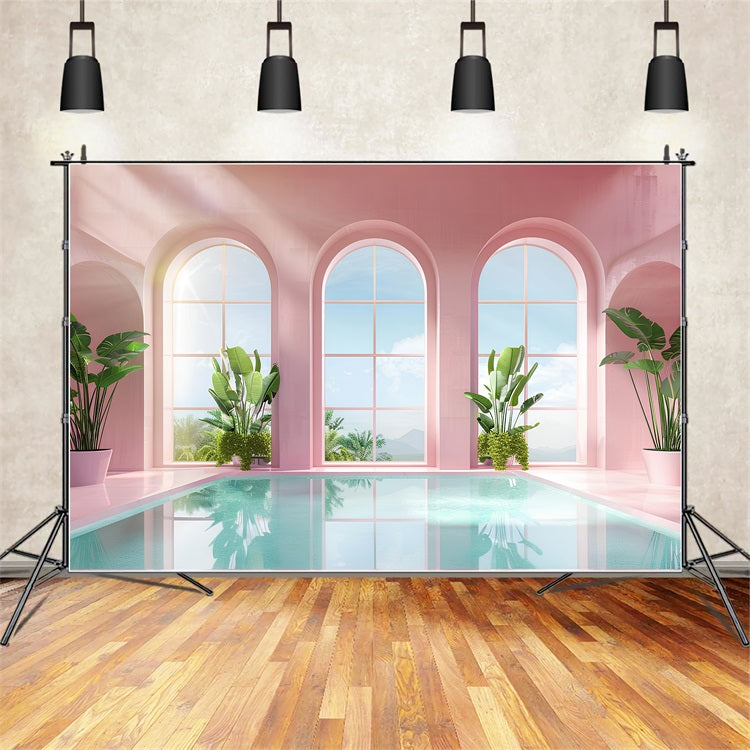 Pink Girl Backdrops Blush Pool Arched Window Backdrop UK CJJ2-111