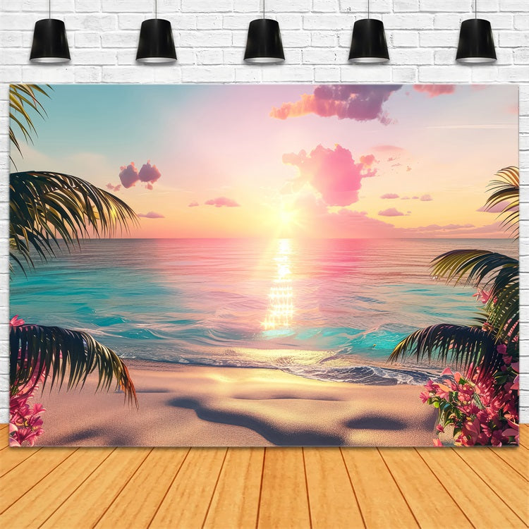 Pink Girl Backdrops Backdrop Sunset Paradise Pink Beach Backdrop UK CJJ2-113