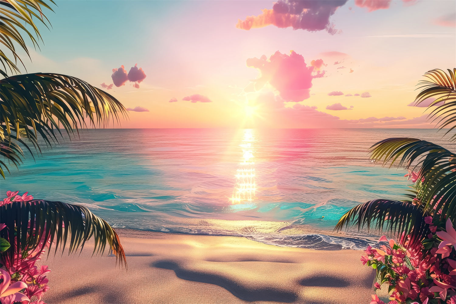 Pink Girl Backdrops Backdrop Sunset Paradise Pink Beach Backdrop UK CJJ2-113