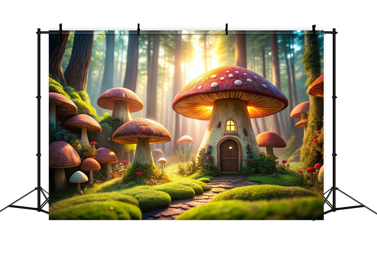 Fairy Tale Forest Backdrop Mystical Mushroom Cabin Backdrop UK CJJ2-119