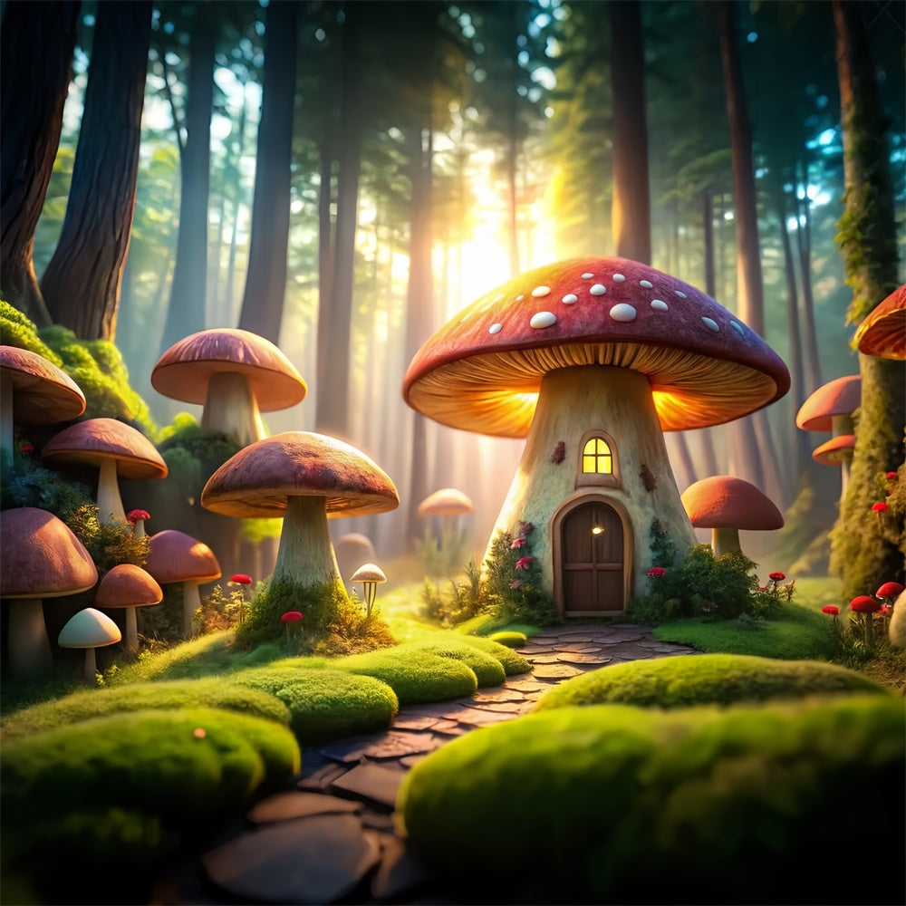 Fairy Tale Forest Backdrop Mystical Mushroom Cabin Backdrop UK CJJ2-119