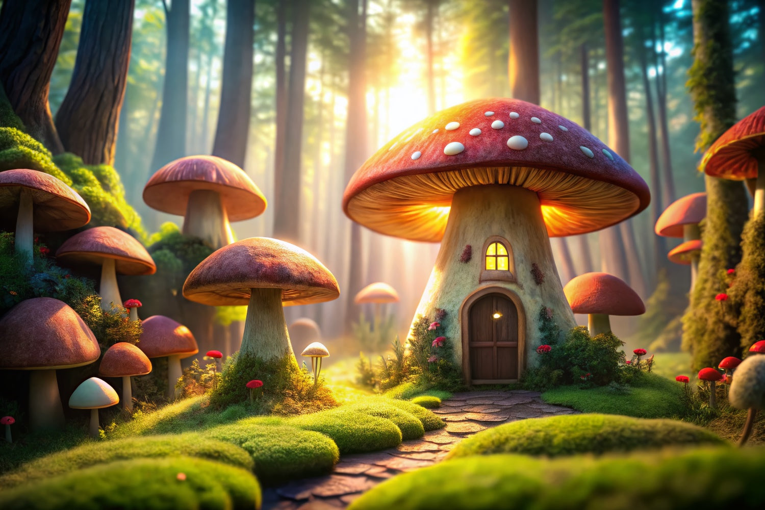 Fairy Tale Forest Backdrop Mystical Mushroom Cabin Backdrop UK CJJ2-119