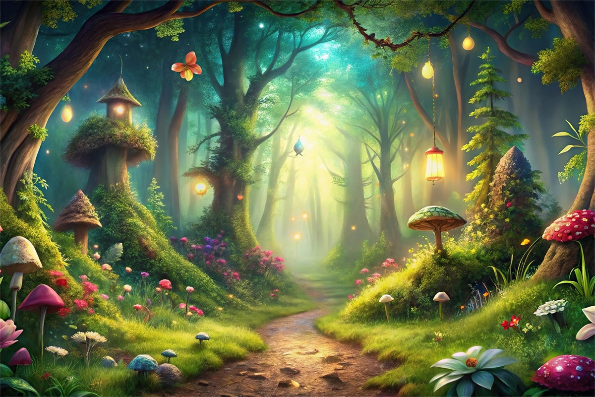 Fantasy Forest Backdrop Lantern Path Magical Mushrooms Backdrop UK CJJ2-125