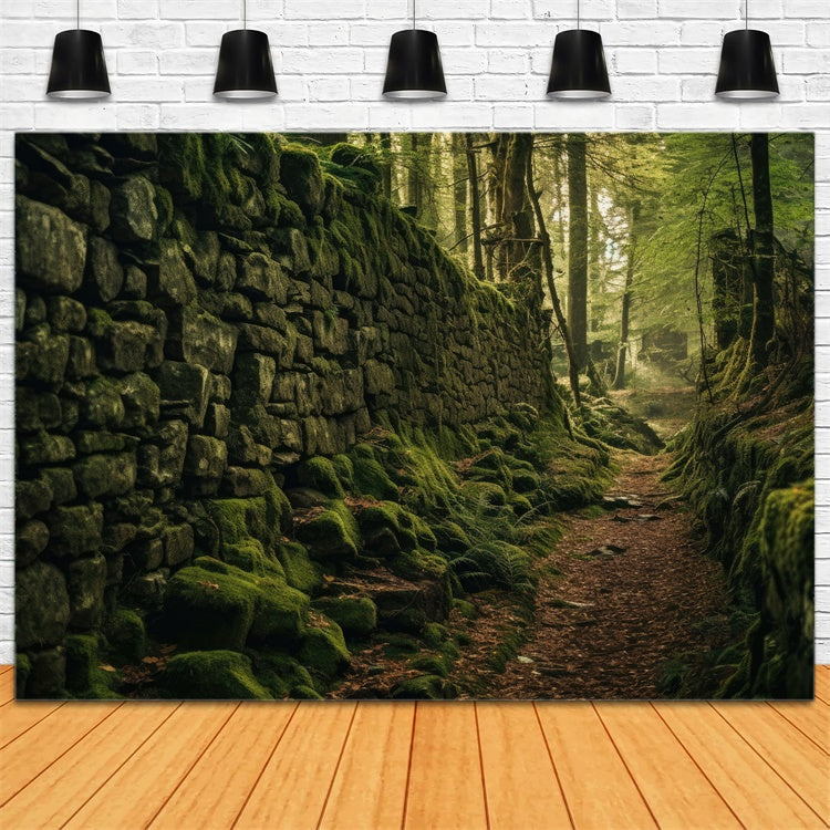 Forest Backdrop Photography Mossy Stone Wall Pathway Backdrop UK CJJ2-128