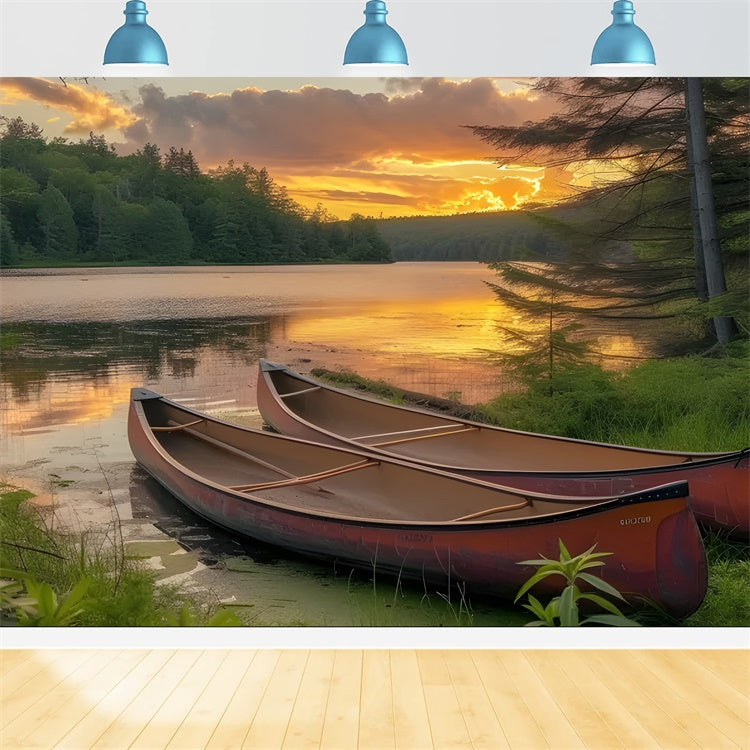 Photography Backdrops Forest Sunset Canoe Tranquil Lake Backdrop UK CJJ2-131